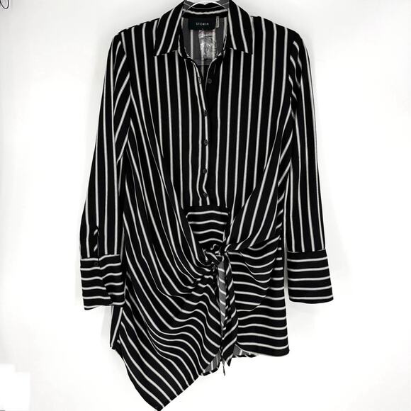 Storia Dresses & Skirts - Storia Mini Wrap Shirt Dress Black with White Stripes Size Small NWT